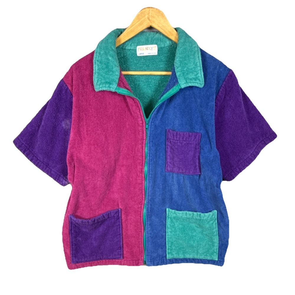 Vintage‎ Frendly's Colorblock Terry Cloth Zip Shirt Collared Short Sleeve Large